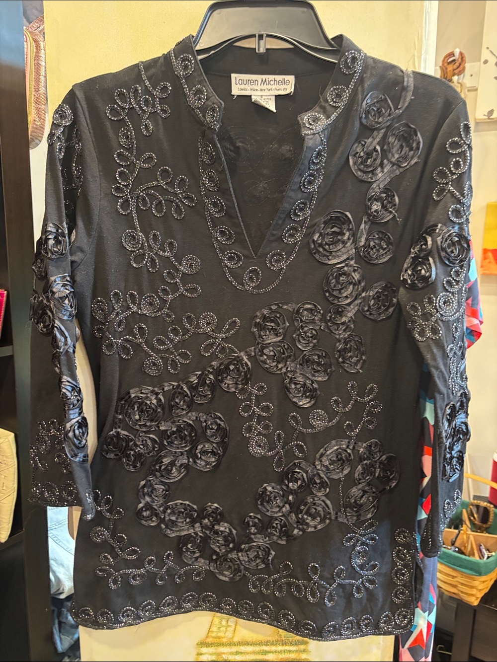Lauren Michelle Black Floral Rosette V-Neck Tunic